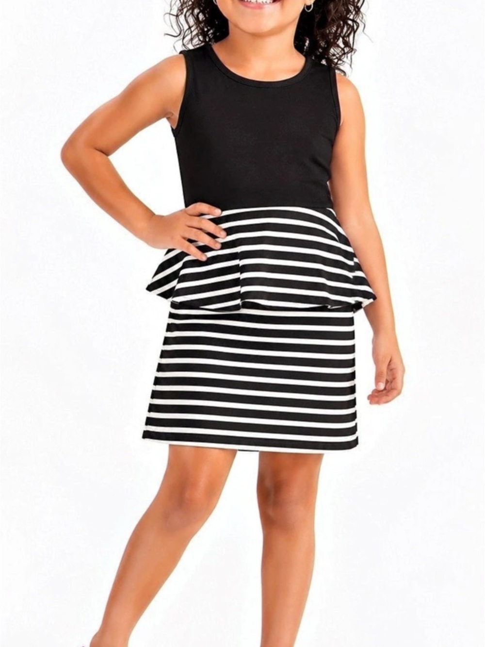 Pink Crush Black & White Striped Peplum Sleeveless Dress